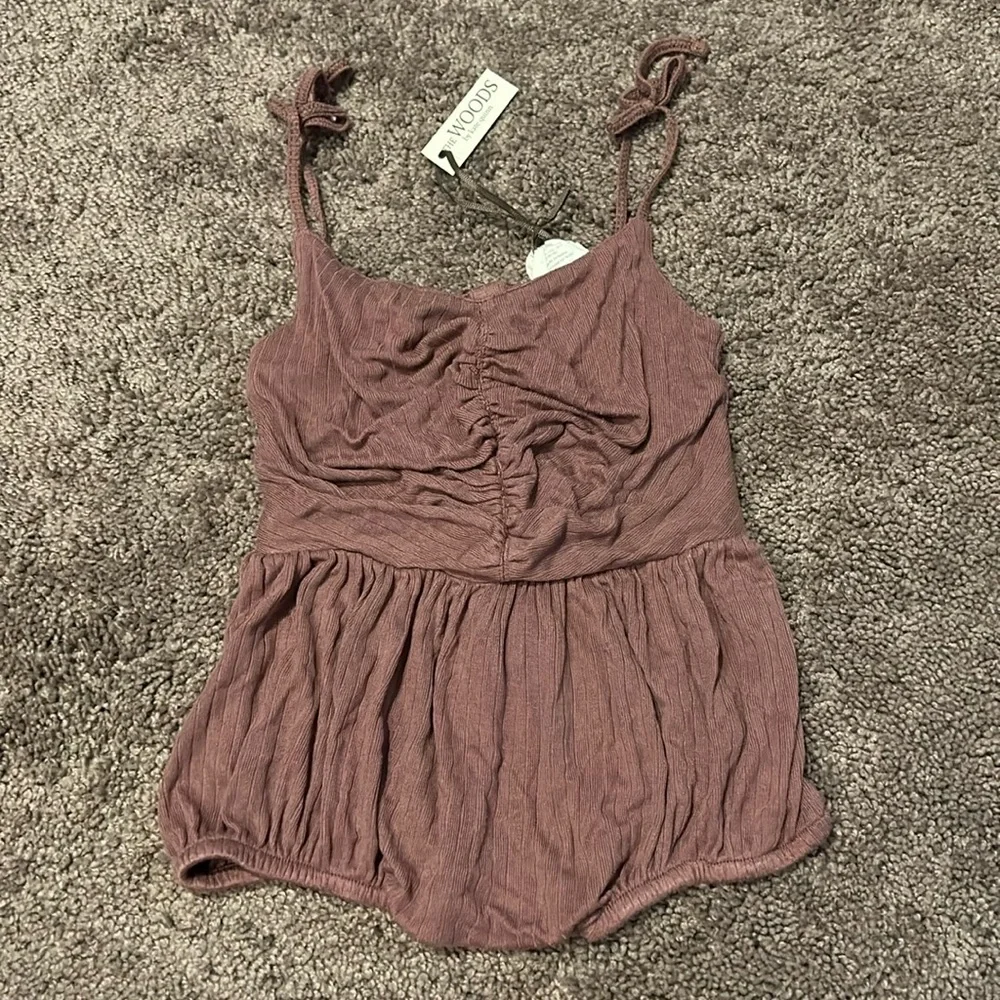 Kate Quinn the woods beechwood modal bamboo spaghetti tie ruched purple romper